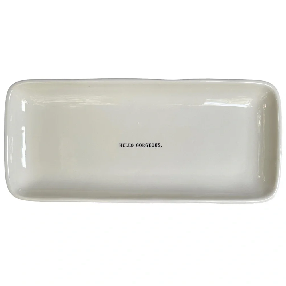 Rae Dunn HELLO GORGEOUS Tray SHINE CHARM GLAMOUR Dishes Makeup Organizer Holder